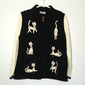 TanJay Petite Womens Cat Lady Cardigan Jacket Medium Black Rhinestone Full Zip